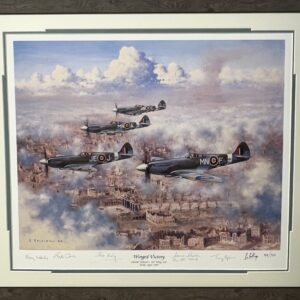 "Winged Victory" Spitfire framed print signed by Johnnie Johnson and his crew